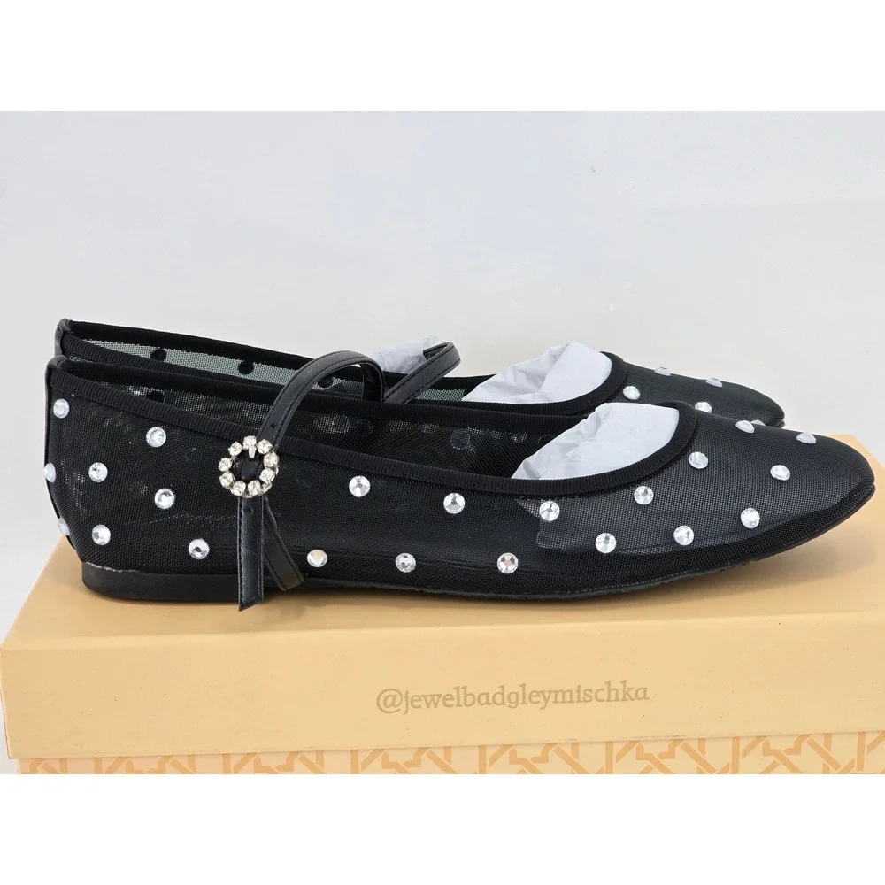 Jewel Badgley Mischka Kaya Flats Womens 7.5 Black Mesh Rhinestone - New